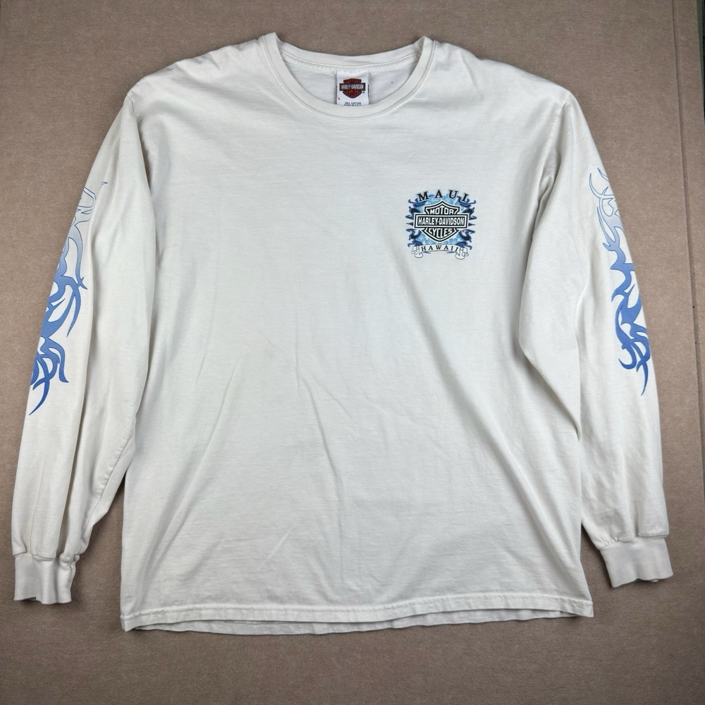 Vintage Harley-Davidson Shirt Mens L‎ White Maui Hawaii Flames USA Long Sleeve